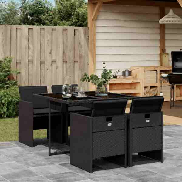 vidaXL 5-tlg. Garten-Essgruppe mit Kissen Schwarz Poly Rattan, UV-beständig, 3210535