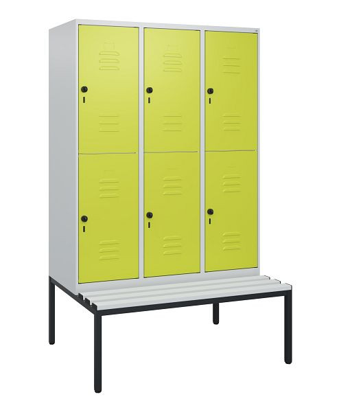 C+P Doppelstöckiger Spind Classic PLUS, 3 Abteile, 1950x1200x815mm, 7035/0024, Drehriegel, mit untergebauter Sitzbank, 0803505-32 S10070