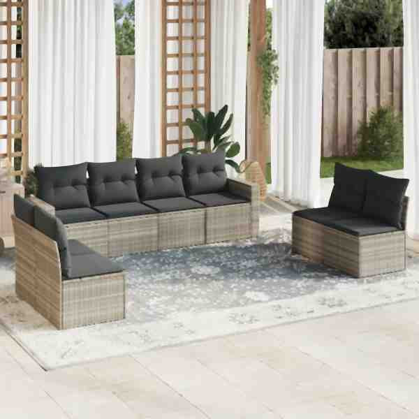 vidaXL 8-tlg. Garten-Sofagarnitur mit Kissen Hellgrau Poly Rattan, UV-beständig, 3218842