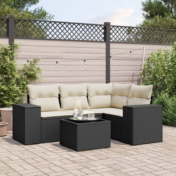 vidaXL 5-teilig Garten-Sofagarnitur mit Kissen Schwarz Poly Rattan, 3254853