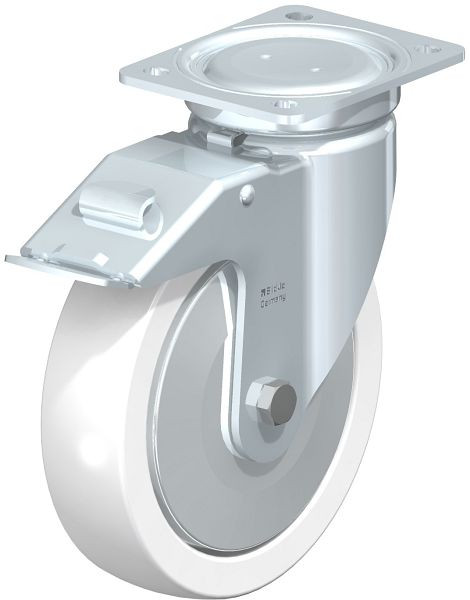 Blickle LU-SPO 200G-FI-FA Stahlblech-Lenkrolle, schwere, geschlossene Ausführung, mit Anschraubplatte & Feststeller, Polyamid, Weiß, 852886