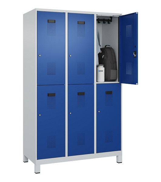 C+P Doppelstöckiger Spind Evolo PLUS, mit Füßen, 6 Fächer, 1950x1200x500mm, 703, Frontfarbe RAL 5010 Enzianblau, Zylinderschloss, 049310-32 S10033