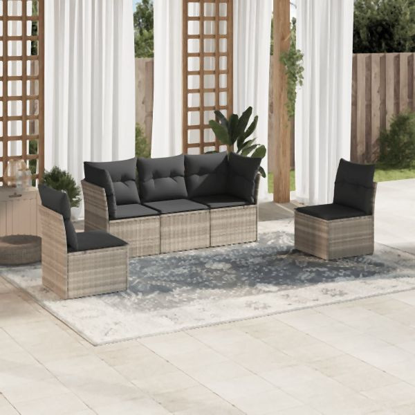 vidaXL 5-tlg. Garten-Sofagarnitur mit Kissen Hellgrau Poly Rattan, 3249191