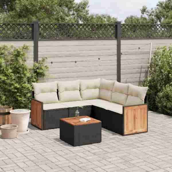 vidaXL 6-tlg. Garten-Sofagarnitur mit Kissen Schwarz Poly Rattan, UV-beständig, 3260047