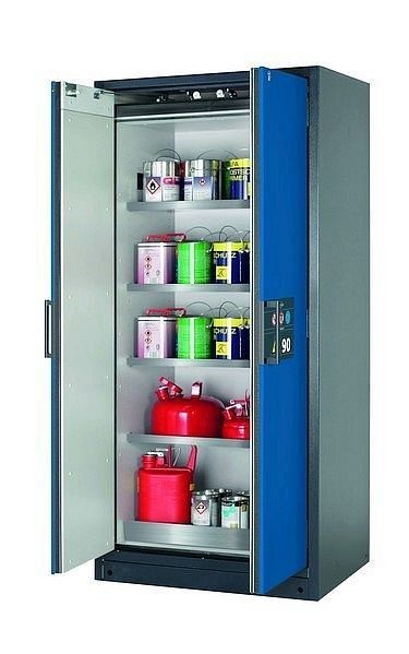 asecos Sicherheitsschrank Q-CLASSIC-90, Q90.195.090 in enzianblau RAL 5010 mit 4x Fachboden (Edelstahl), 30041-047-30048