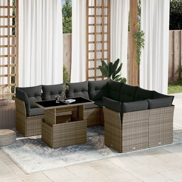 vidaXL 9-tlg. Garten-Sofagarnitur mit Kissen Grau Poly Rattan, UV-beständig, 3266430