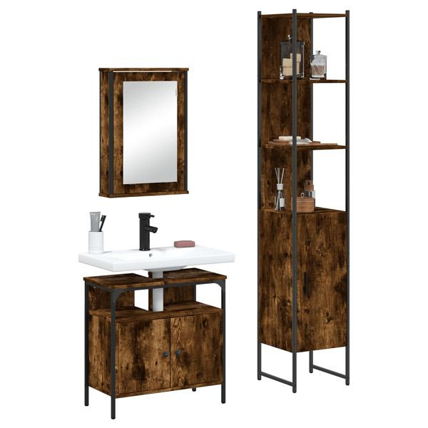 vidaXL 3-teilig Badmöbel-Set Räuchereiche Holzwerkstoff, 3214797