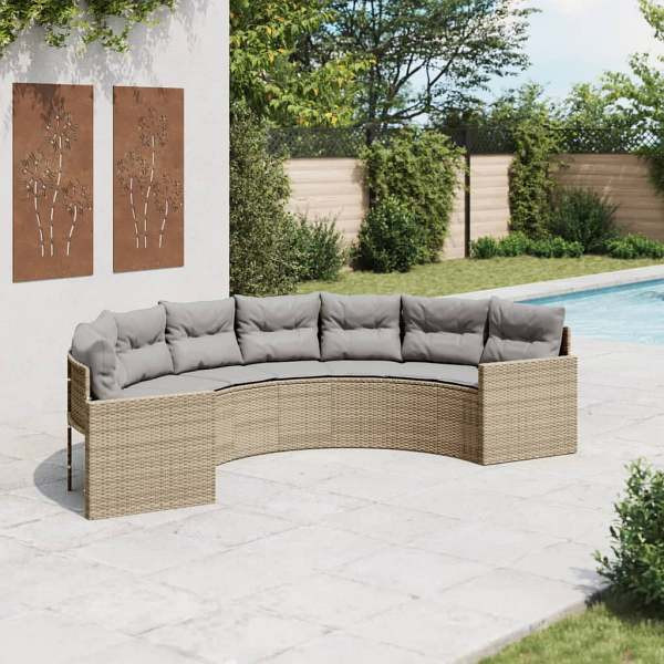 vidaXL Gartensofa mit Kissen Halbrund Beige Poly-Rattan, UV-beständig, 3318515