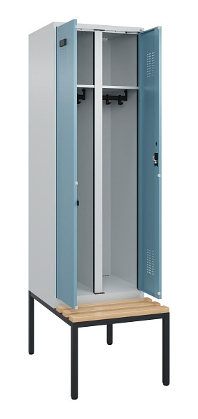 C+P Schwarz-Weiß-Spind Evolo PLUS, Bank, 2 Abteile, 2120x600x815mm, 7035/0010, Zylinderschloss, Sitzfläche Buche-Hartholz, Sitzbank, 0490527-20 S10036