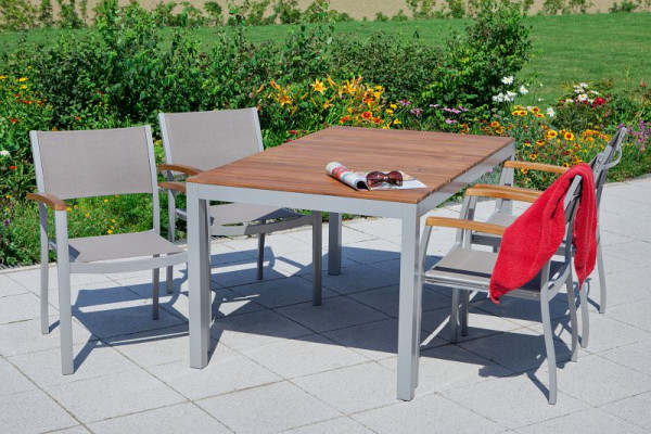 Merxx Naxos Set 5-teilig, 4 Naxos Stapelsessel, 1 Tisch, 150 x 90 cm, Aluminium mit Textilbespannung und FSC Akazienholz, 50213-309