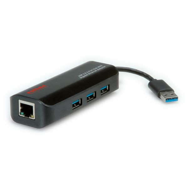 ROLINE USB 3.2 Gen 1 zu Gigabit Ethernet Konverter + Hub 3x, 12.02.1107