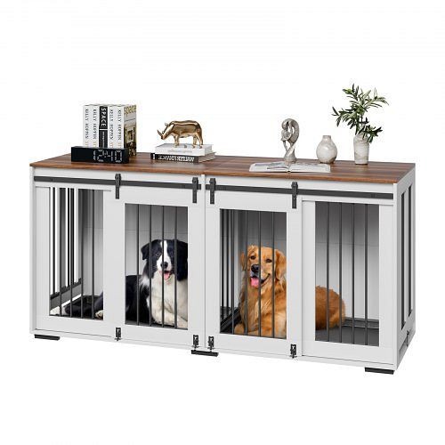 VEVOR Hundekäfig Möbel 2 Hunde, 1800x600x861mm, Doppel-Hundebox mit Schiebetüren, TV-Ständer, Stahlrahmen, weiß, ZWJJSGL72INC6CL0QV0