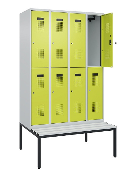 C+P Doppelstock-Spind Evolo PLUS, Bank, 8 Fächer, 2120x1200x815mm, 7035/0024, Zylinderschloss, Sitzfläche Kunststoff, Sitzbank, 0493507-40 S10123