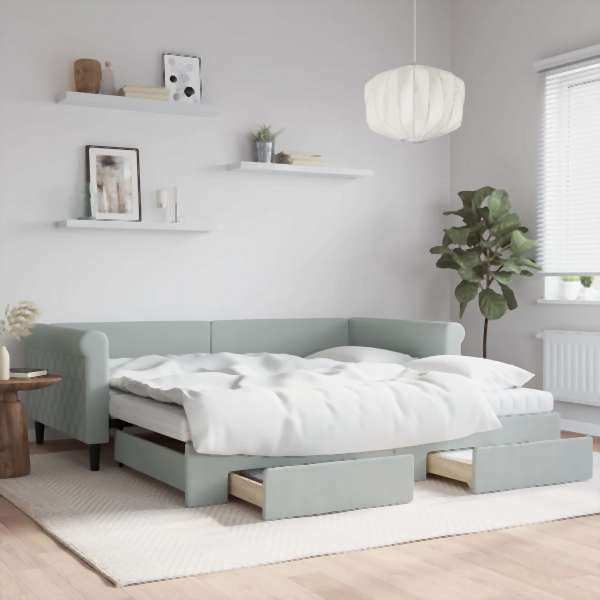 vidaXL Tagesbett Ausziehbar mit Schubladen Hellgrau 100x200 cm Samt, 3197850