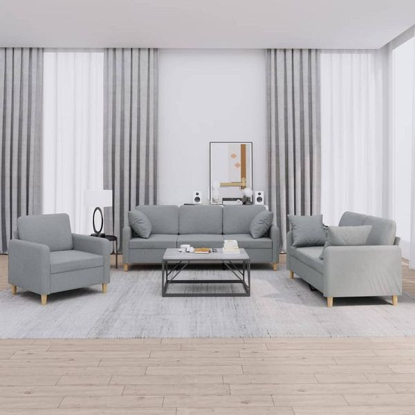 vidaXL 3-teilig Sofagarnitur mit Kissen Hellgrau Stoff, 3202070