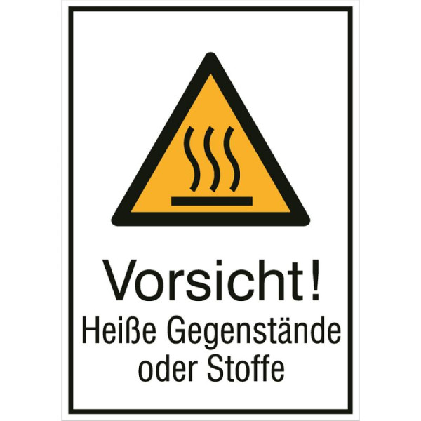 Stein HGS Kombischild mit Warnzeichen und Zusatztext, Vorsicht! Heiße Gegenstände oder Stoffe, 131 x 185 mm / Folie, selbstklebend, 21.0440