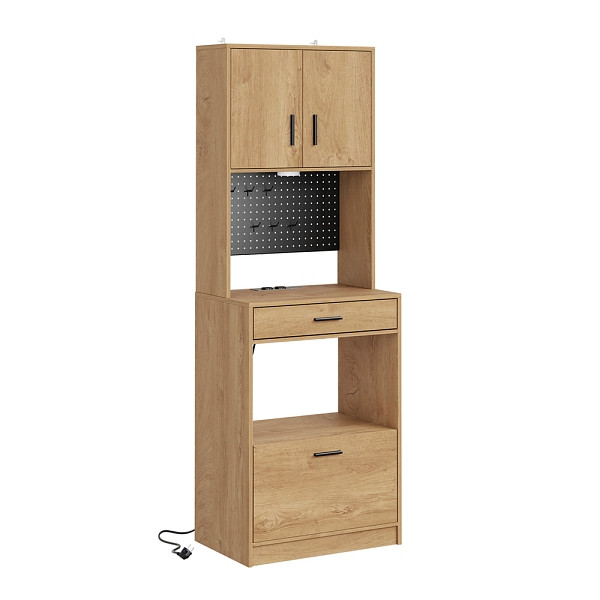 SoBuy Hochschrank Light Oak mit 2 Türen, Standschrank mit 2 Schubladen und Steckdose, Küchenregal aus Spanplatte, 60×40×170 cm, Tragkraft 75 kg, FSB98-E-N