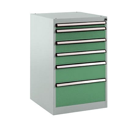 Manuflex Schubfachschrank BASETEC Stationär, Nutzhöhe 700 mm mit 6 Schubfächern, in resedagrün RAL 6011, SP1107.6011