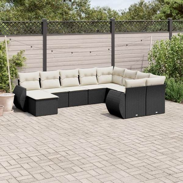 vidaXL 10-tlg. Garten-Sofagarnitur mit Kissen Schwarz Poly Rattan, UV-beständig, 3221855