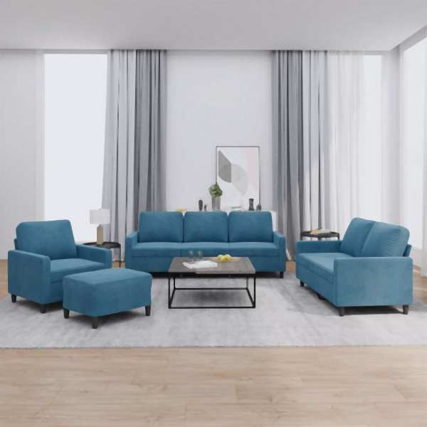 vidaXL 4-tlg. Sofagarnitur mit Kissen Blau Samt, 3201495