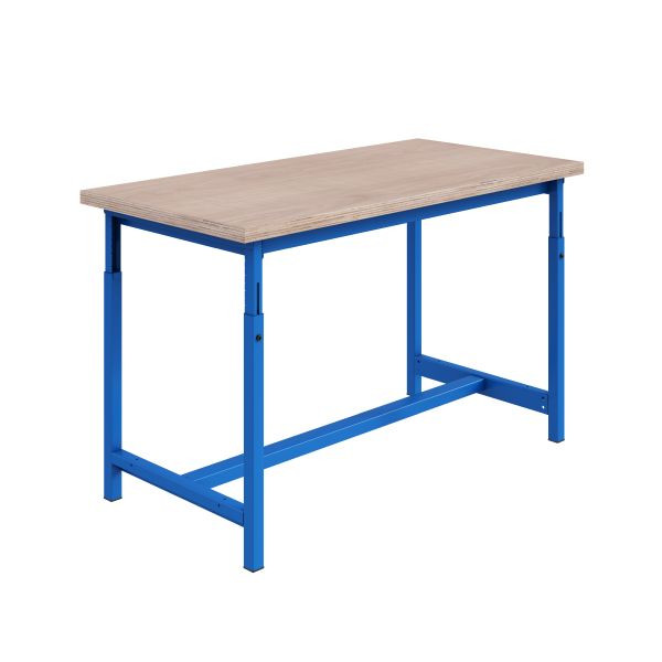 SOFAME PTH Werkbank, mechanisch höhenverstellbar, B 1800 x T 750 x H 780 bis 1060 mm, Multiplex-Arbeitsplatte 40 mm, Himmelblau RAL 5015, W010020245BI