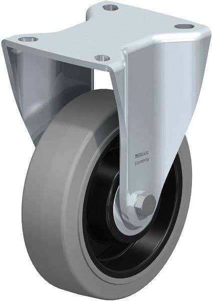 Blickle BH-POEV 125K-1-SG Stahlblech-Bockrolle, Schwerlast-Ausführung, mit Anschraubplatte, Elastik-Vollgummi, Grau, 316745