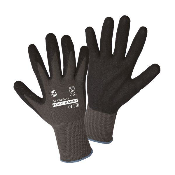 L+D FOAM SANDY Feinstrickhandschuhe grau Nylon, mit schwarz gesandeter Nitrilbeschichtung, geschäumt, Größe: 10, VE: 120 Paar, 1160-10
