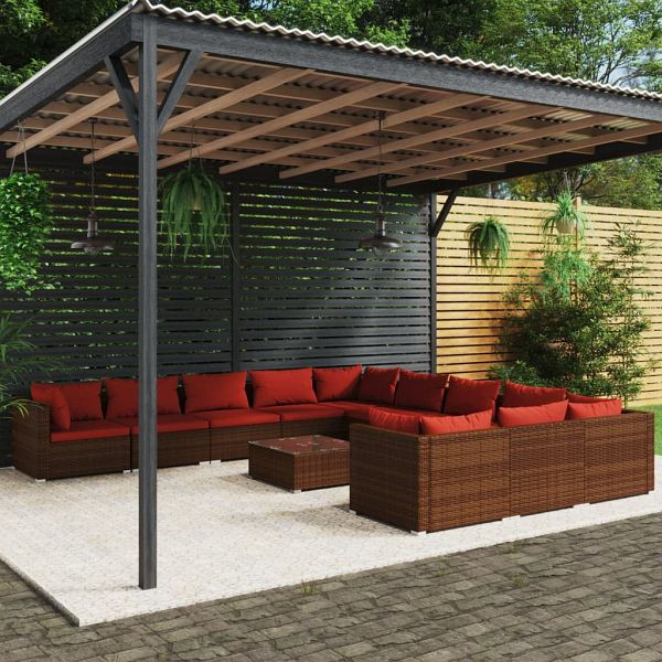 vidaXL 12-teilig Garten-Lounge-Set mit Kissen Poly Rattan Braun, 3102819