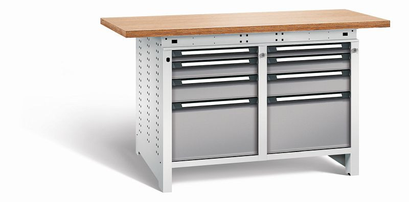 Otto Kind Werkbank Serie function Typ 216, Multiplexplatte 40 mm, überstehend, 2x Unterbau + Zentralverschluss, Gehäuse RAL 7035, Front RAL 7037, 072346267
