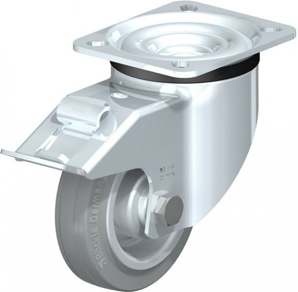 Blickle LK-RD 100R-1-FI-VLI Stahlblech-Lenkrolle, schwere Ausführung, mit Anschraubplatte & Feststeller, Zweikomponenten-Vollgummi, Grau, 649061