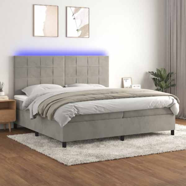 vidaXL Boxspringbett mit Matratze & LED Hellgrau 200x200 cm Samt, 3136143