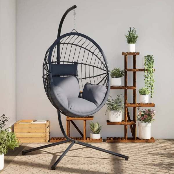 vidaXL Hängesessel Ei-Design mit Ständer Grau Rattan und Stahl, 4007407