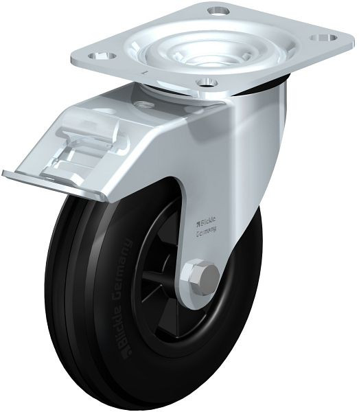 Blickle L-VWPP 125G-FI Stahlblech-Lenkrolle, mittelschwere Ausführung, mit Anschraubplatte & Feststeller, Weichgummi, Schwarz, 612671