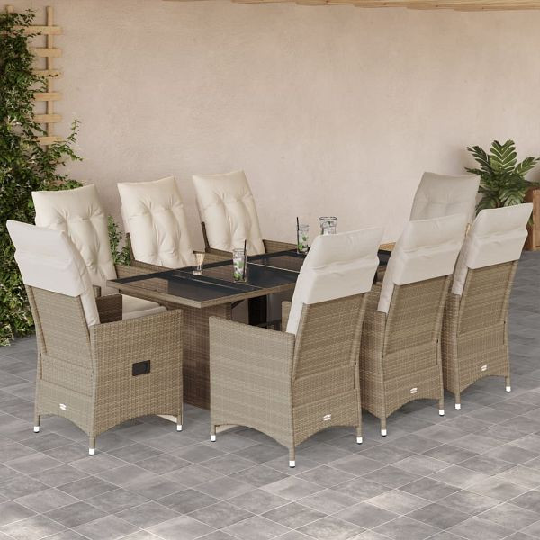 vidaXL 9-tlg. Garten-Bistro-Set mit Kissen Beige Poly Rattan, 3276944