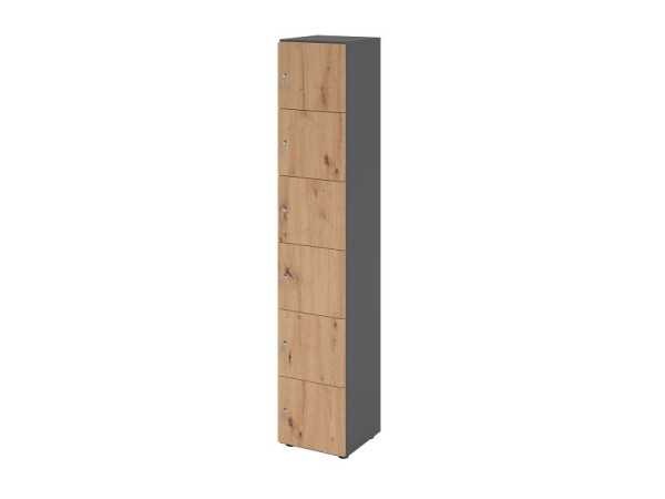 Hammerbacher Schließfachschrank schmal 6OH, 6 Türen mit Schloss, Korpus: Graphit, Türen: Asteiche, 40 x 40 x 215,6 cm (BxTxH), V264L6/G/R/DS