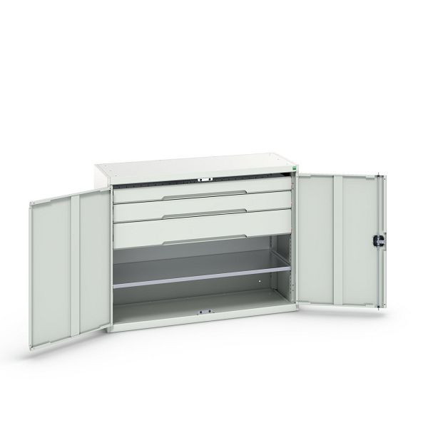 bott verso Flügeltürschrank mit Schubladen, mit 1 Fachboden und 3 Schubladen, BxTxH: 1300 x 550 x 1000 mm, Lichtgrau / Lichtgrau, 16926607.16