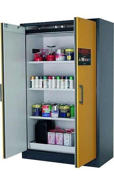 asecos Sicherheitsschrank Q-CLASSIC-90, Q90.195.120.FU.WDC in sicherheitsgelb RAL 1004 mit 3x Fachboden (Stahlblech), 34632-040-34757