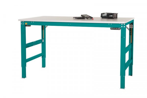 Manuflex ESD-Arbeitstisch UNIVERSAL ERGO E Memory mit Kautschukplatte, BxTxH = 2000 x 800 x 722-1002 mm, Wasserblau, LU9613.5021