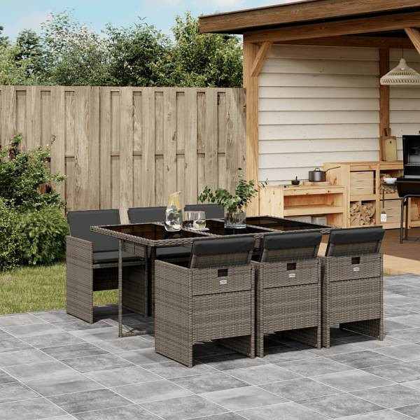 vidaXL 7-tlg. Garten-Essgruppe mit Kissen Grau Poly Rattan, UV-beständig, 3277675