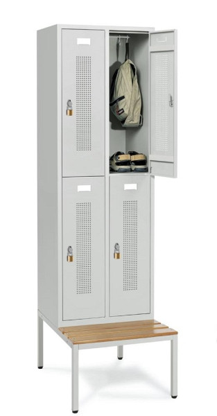 Deskin Doppelstöckiger Spind mit Sitzbank, Lichtgrau RAL 7035, 590 x 800 x 2050 mm, 4 Abteile, Korpus: Lichtgrau RAL 7035, 331481