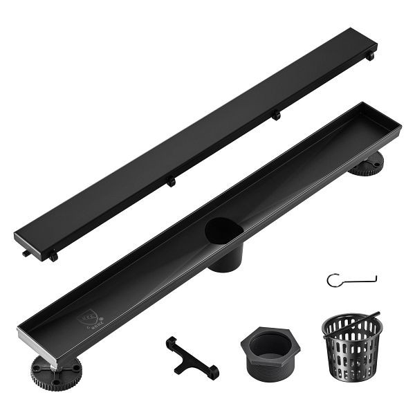 VEVOR Duschrinne 609 x 70 x 70 mm Bodenablauf 42,5 L/min Edelstahl 304 versetzt, Flieseneinsatz rechteckig, mit Haarsieb schwarz, XXPSGBXGHSCZFF3Y1V0