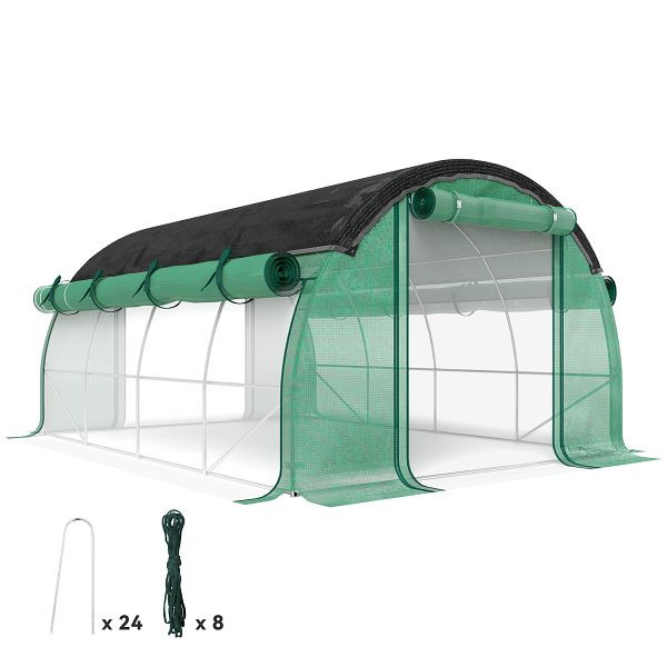 Outsunny 4 x 3 x 2 m Polytunnel-Gewächshaus mit Sonnenschutznetz, rollbaren Seitenwänden, Kunststoff-Abdeckung, Stahlrahmen, Grün, 84H-198V02GN