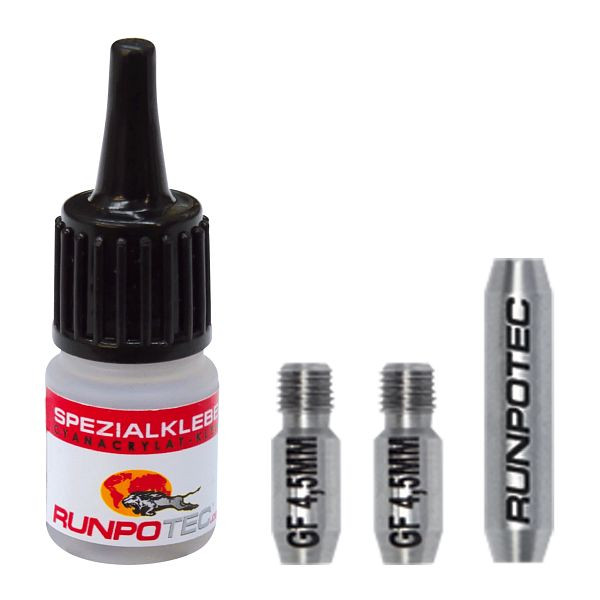 Runpotec Reparatur-Set für 4,5 mm RUNPOTEC Glasfaserstab mit Spezialkleber 3 g, 2 Endhülsen Gewinde RTG 6 mm und Verbindungshülse, 20250