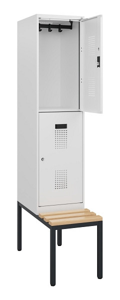C+P Doppelstöckiger Spind Evolo PLUS, Bank, 2 Fächer, 1950x400x815mm, 9016/9016, Zylinderschloss, Sitzfläche Buche-Hartholz, Sitzbank, 0493505-12 S10054