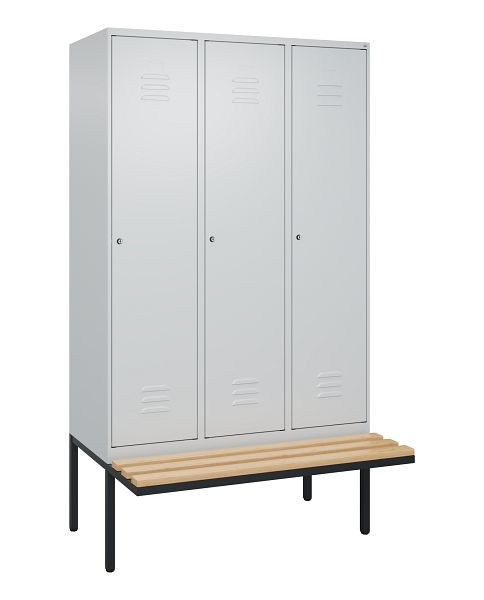 C+P Umkleidespind Classic PLUS, 3 Abteile, 2120x1200x815mm, 7035/7035, Zylinderschlösser, Buche-Sitzleisten, 0800407-32 S10053