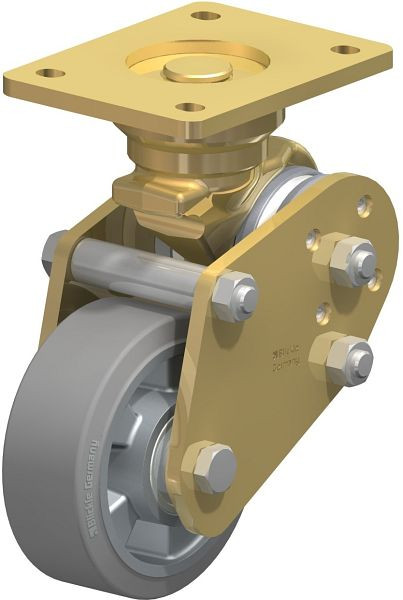 Blickle BPFE-ALEV 127K-SG Schwerlast-Bockrolle mit Polyurethan-Drehfedern, Elastik-Vollgummi, Grau, 853736