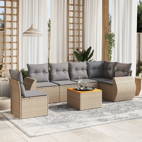 vidaXL 7-teilig Garten-Sofagarnitur mit Kissen Beige Poly Rattan, 3257361