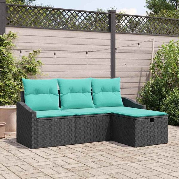 vidaXL Sofa Set mit Kissen mit Speicher 4-teilig Schwarz Poly Rattan, 3359255