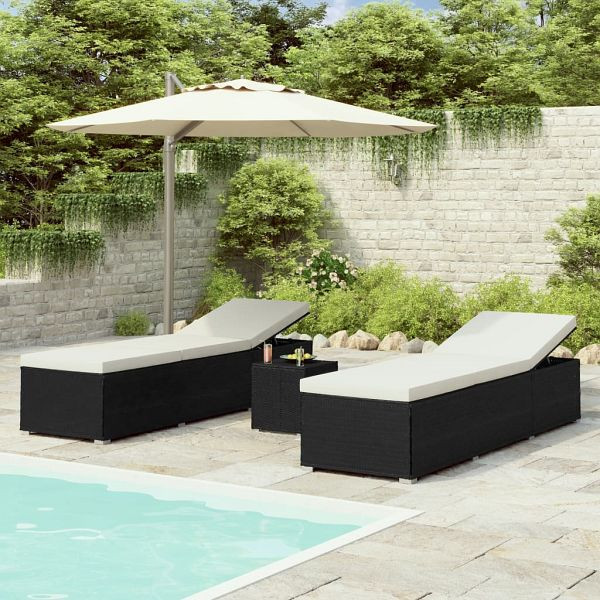 vidaXL 3-tlg. Garten-Sonnenliegen mit Teetisch Poly Rattan Schwarz, 3057662