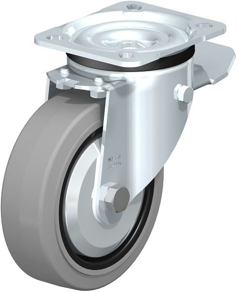 Blickle LK-POEV 125K-1-ST-SG-FA Stahlblech-Lenkrolle, schwere Ausführung, mit Anschraubplatte & Feststeller, Elastik-Vollgummi, Grau, 530014